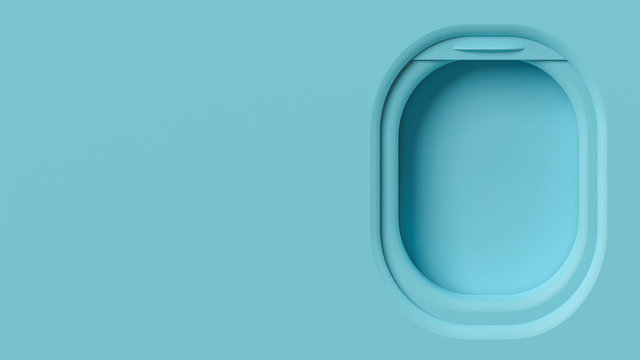 Airplane window mockup, travel vacation 3d illustration. Minimalist plastic pastel scene with space for text, plane window design. Inside airplane interior element, copy space background, sky aircraft