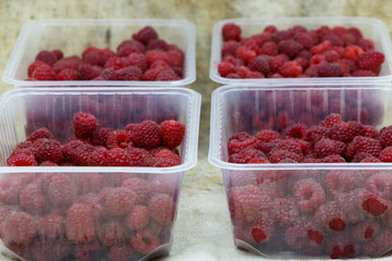 Fresh raspberries in plastic trays, selective focus.