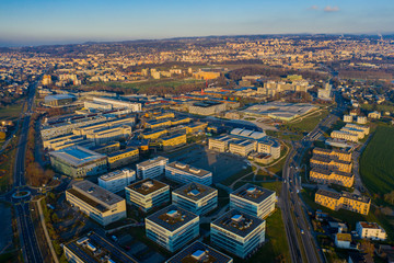 Aerial drone footage over EPFL during the sunset