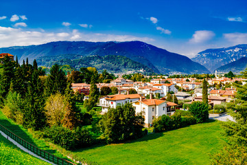 Panoramic view on the city of Bassano del Grappa and Alps, Vicenza, Italy.