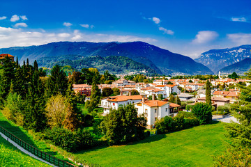 Obraz premium Panoramic view on the city of Bassano del Grappa and Alps, Vicenza, Italy.
