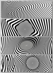The minimalistic vector illustration of the editable layout of headers, banner design templates. Abstract 3D geometrical background with optical illusion black and white design pattern.