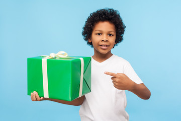 Charming happy cute little boy pointing to gift box and smiling at camera, showing big wrapped present, kid pleased satisfied with birthday surprise. indoor studio shot isolated on blue background