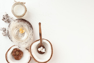 Coconut organic cosmetic set for beauty spa treatment routine for woman or man