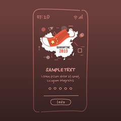 epidemic MERS-CoV bacteria icon floating influenza virus cell quarantine wuhan coronavirus 2019-nCoV pandemic medical health risk chinese map background smartphone screen mobile app copy space vector