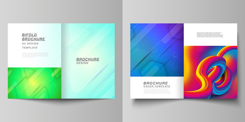 Fototapeta premium Vector layout of two A4 format modern cover mockups design templates for bifold brochure, flyer, booklet. Futuristic technology design, colorful backgrounds with fluid gradient shapes composition.