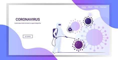 scientist in hazmat suit cleaning and disinfecting coronavirus cells epidemic MERS-CoV virus concept wuhan 2019-nCoV pandemic health risk full length horizontal copy space vector illustration