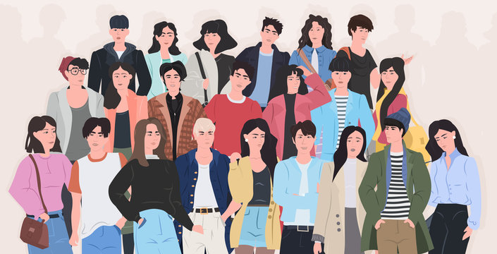 people group standing together attractive men women crowd male female cartoon characters in fashion clothes flat horizontal vector illustration