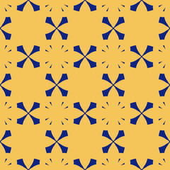 Simple vector geometric floral seamless pattern. Vector abstract minimal background texture with cross shapes, flower silhouettes. Yellow and dark blue colors. Elegant repeat design for decor, print
