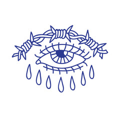eye with barbed wire doodle icon, traditional tattoo illustration