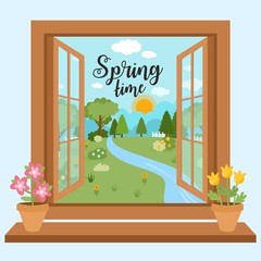Spring Time greeting card. Open window overlooking the spring landscape. Pot with flowers other spring elements. Spring illustration.