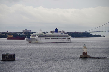 P&O Cruises Aurora cruiseship or cruise ship liner with parts of Verrazano Narrows Bridge and...