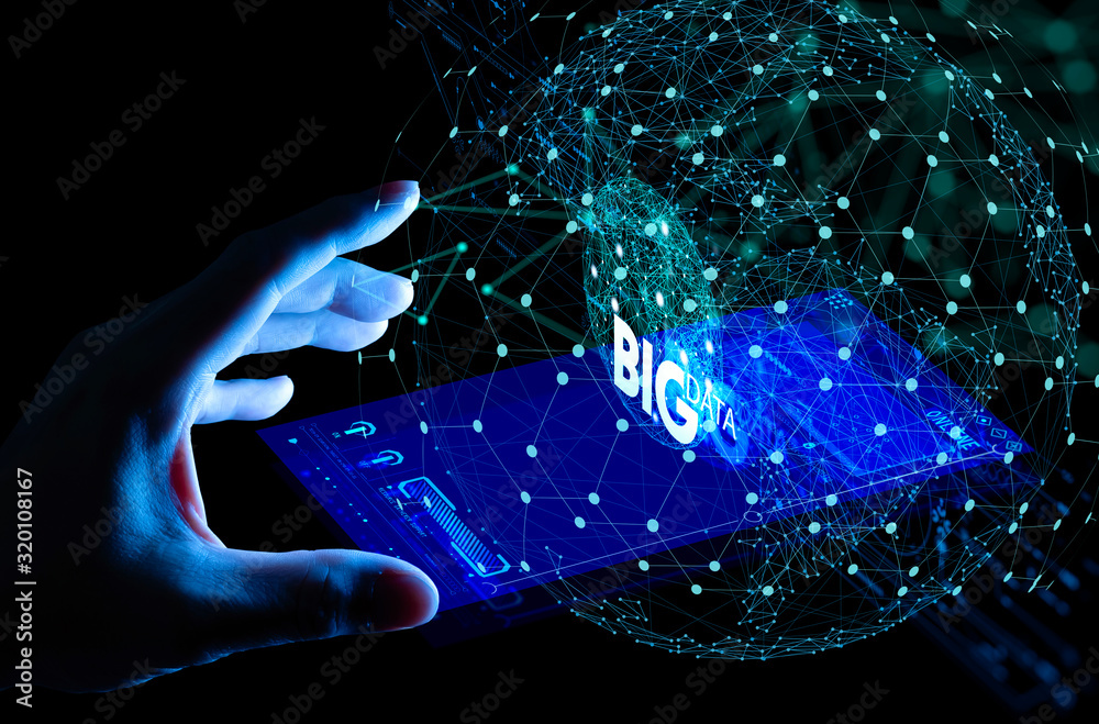 Fototapete Big data world and globe smart pohone ui with hand selecting and pressing Big Data symbol and modern interface.