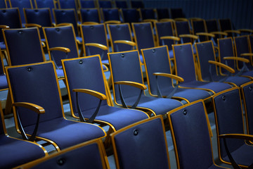 Fototapeta premium Rows of numbered empty audience seats made of wood and blue upholstery for a theatre, presentation or concert event