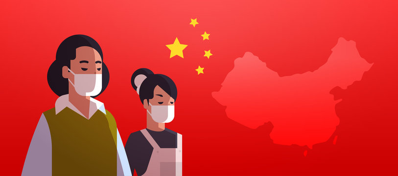 women wearing protective masks to prevent epidemic MERS-CoV virus concept wuhan coronavirus 2019-nCoV pandemic medical health risk chinese flag background portrait horizontal vector illustration