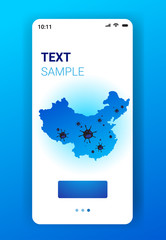 epidemic MERS-CoV bacteria icon floating influenza virus cells wuhan coronavirus 2019-nCoV pandemic medical health risk chinese map smartphone screen mobile app vertical copy space vector illustration