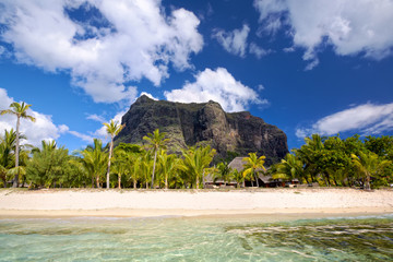 White sandy beach and Le Morn Brabant in Mauritius