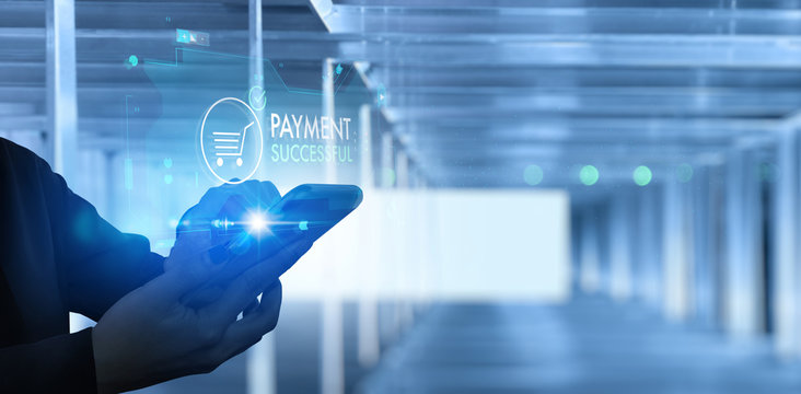 Close up of Woman hands using mobile smart phone for online payment and banking and online shopping concept.