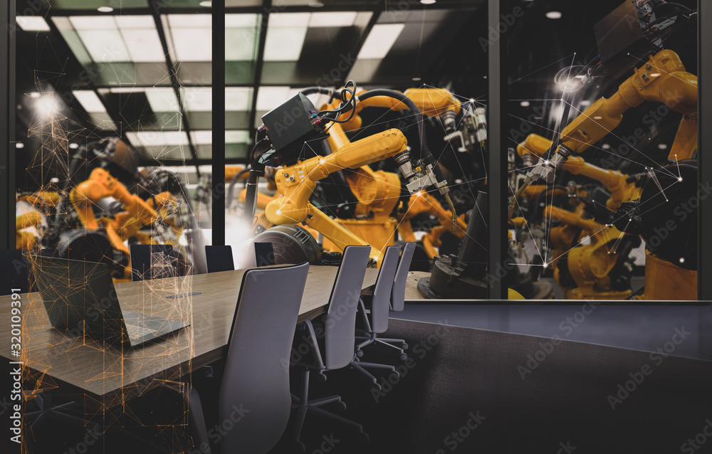 Aufkleber Factory Industrial Engineer office with automation robot arms machine in intelligent factory industrial on real time monitoring system software.Digital future manufacture in meeting room.