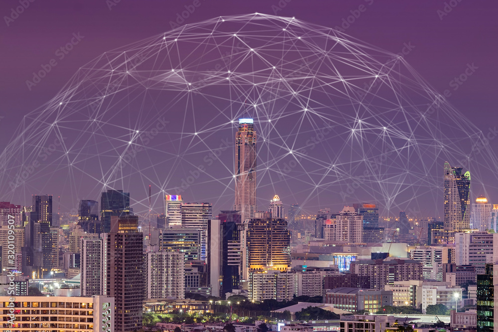Poster smart city and communication network concept. 5g with ar and vr wireless communication.