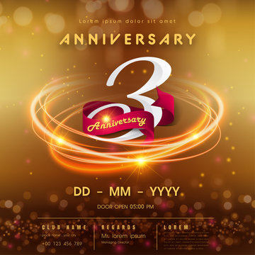 3 years anniversary logo template on golden Abstract futuristic space background. 3rd modern technology design celebrating numbers with Hi-tech network digital technology concept design elements.