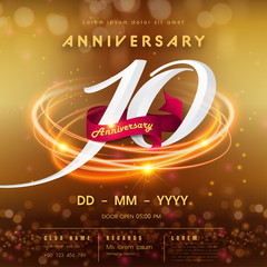 10 years anniversary logo template on golden Abstract futuristic space background. 10th modern technology design celebrating numbers with Hi-tech network digital technology concept design elements.