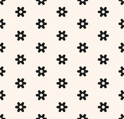 Subtle minimal vector seamless pattern with small geometric flowers, snowflakes, stars. Abstract black and white floral texture. Simple monochrome background. Repeat design for decor, fabric, prints