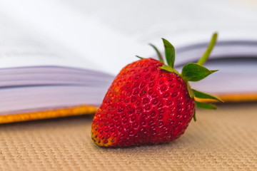 Red ripe strawberries near open book. Food while reading_