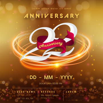 22 years anniversary logo template on golden Abstract futuristic space background. 22nd modern technology design celebrating numbers with Hi-tech network digital technology concept design elements.