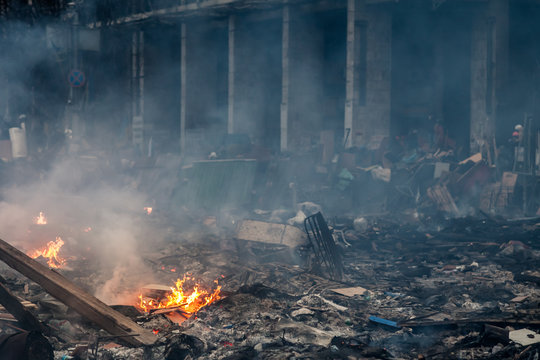 Burned building and barricades at the Maidan square in Kyiv, Ukraine during anti government protests in 2014