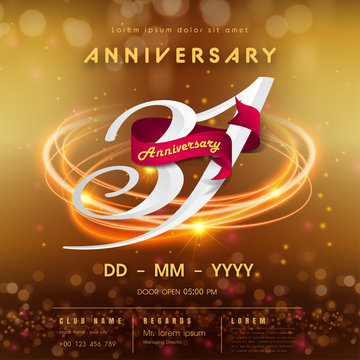 31 years anniversary logo template on golden Abstract futuristic space background. 31st modern technology design celebrating numbers with Hi-tech network digital technology concept design elements.