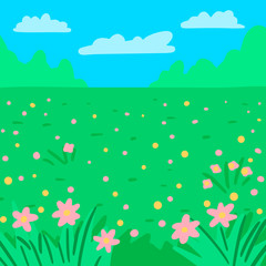 Green meadow with flowers, nature scene. Vector cartoon illustration