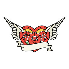 traditional tattoo of a flying heart with flowers and banner