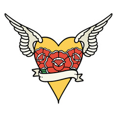 traditional tattoo of a flying heart with flowers and banner