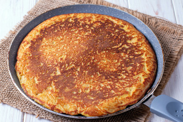 Pan with pancake. Cooking pancakes