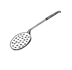 spoon colander Kitchen restaurant cafe food service serving drawing ink object vintage table black white lunch dinner Breakfast