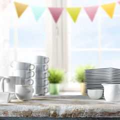 Wooden desk in kitchen and free space for your decoration. Copy space and easter time. 