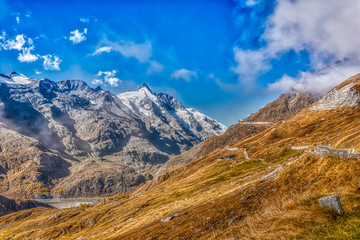 Brownish and yellow coloured hillside of the Alpine peaks near the Grossglockner Mountain in Carinthia, Austria