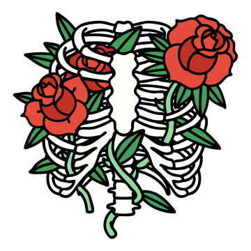 traditional tattoo of a rib cage and flowers