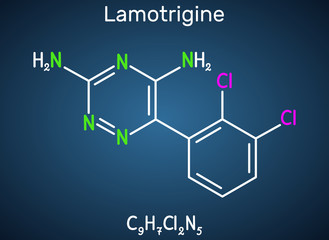 Lamotrigine molecule. It is used in the treatment of epilepsy and bipolar disorder. Structural chemical formula on the dark blue background