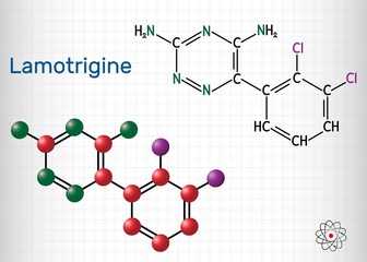 Lamotrigine molecule. It is used in the treatment of epilepsy and bipolar disorder. Structural chemical formula and molecule model. Sheet of paper in a cage. Vector illustration