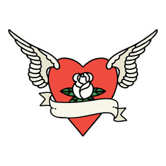 traditional tattoo of a heart with wings a rose and banner