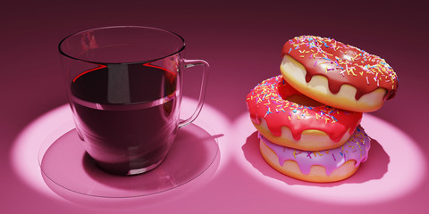 coffee and doughnuts 3D rendering which is loved by Americans is made on a pink
