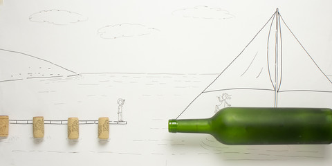 Conceptual boat sailing towards a jetty