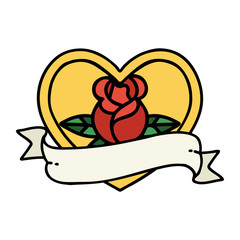 traditional tattoo of a heart rose and banner