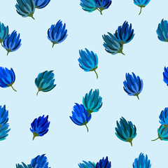 Fototapeta na wymiar Dark blue flowers on light blue background. Seamless spring season pattern. Suitable for packaging, textile, wallpaper. 