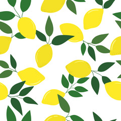 Bright yellow lemons with green leaves  on white background. Seamless fresh summer pattern. Suitable for packaging, textile, wallpaper.	