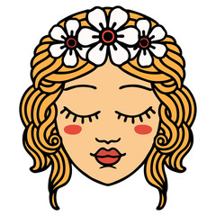 traditional tattoo of female face with eyes closed