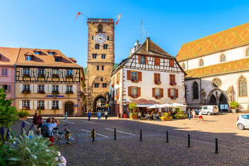 ALSACE WINE REGION, FRANCE - SEP 20, 2019: Town square and colorful houses in Ribeauville which is famous place located on Alsatian Wine Route, France.