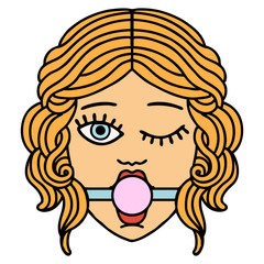 traditional tattoo of winking female face with ball gag